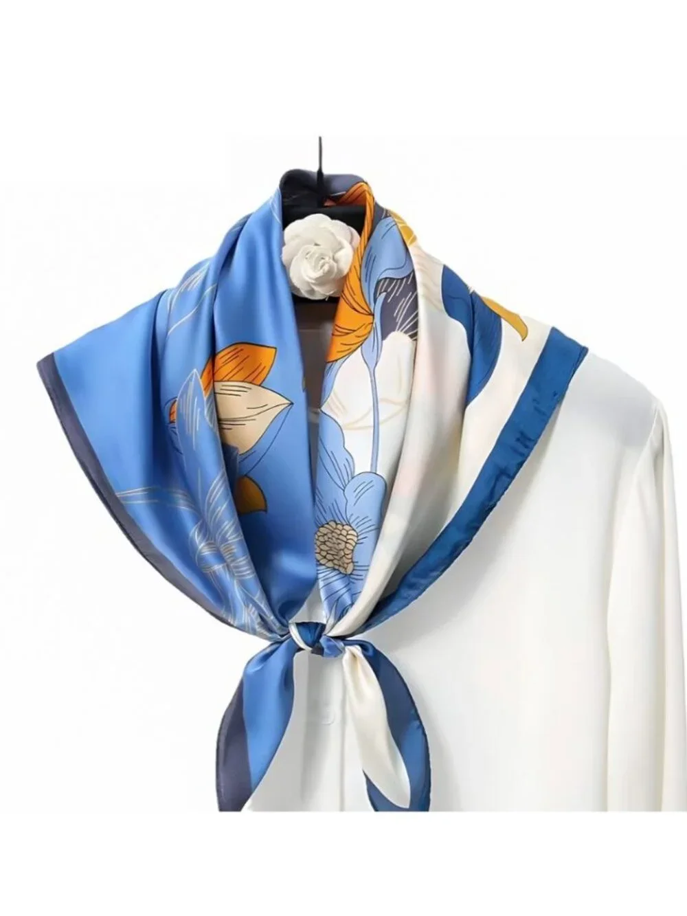 Elegant Bandana Floral Silky Square Scarf Luxurious BLUE ORANGE Soft Satin Hijab